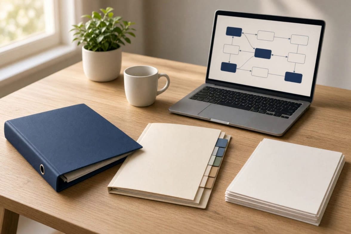 Schreibtisch mit Ordner, Registermappe und Laptop, auf dem ein Ablaufdiagramm zu sehen ist