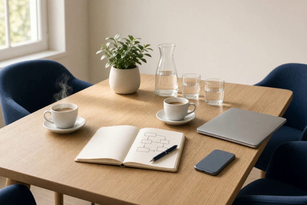 Vorbereiteter Besprechungstisch mit zwei Kaffeetassen, Notizbuch mit skizziertem Ablauf und Laptop