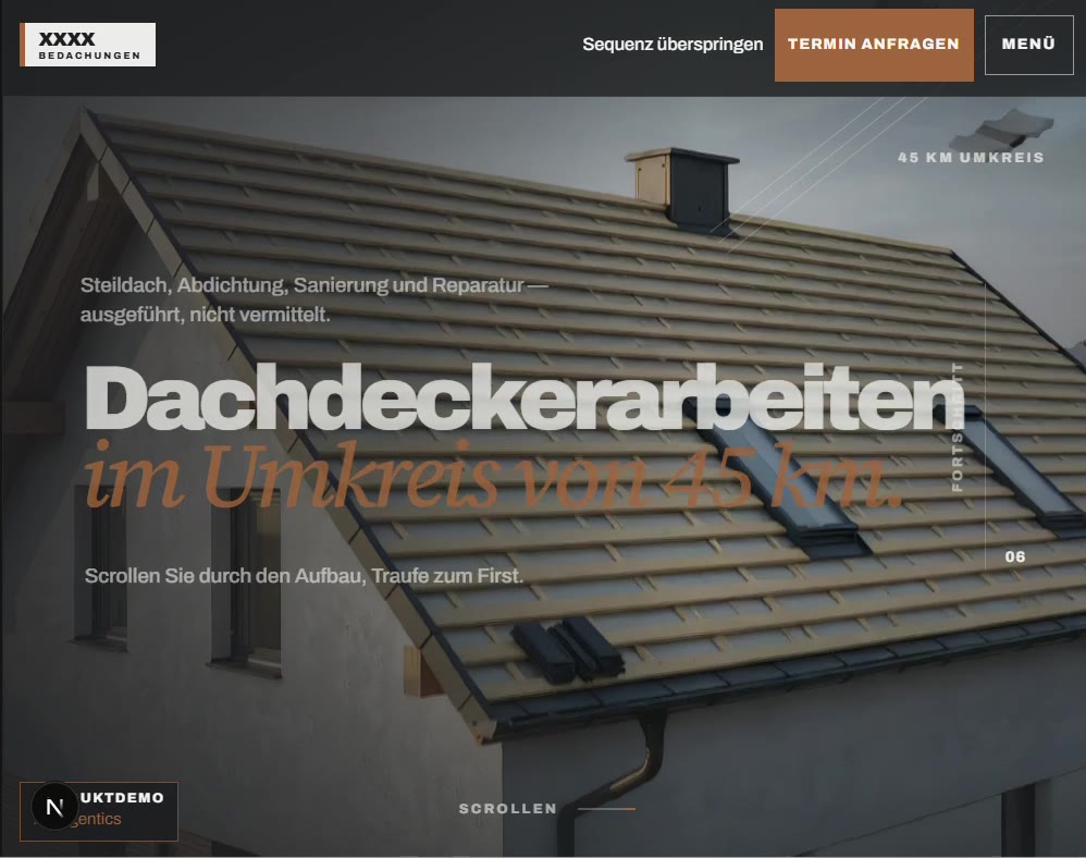 Standbild einer Signature-Website für einen Dachdeckerbetrieb