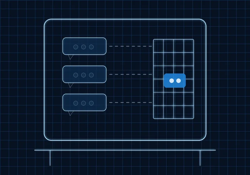 Bauplan-Zeichnung: Tablet, auf dem Chat-Nachrichten in einen Kalender laufen und einen Termin belegen